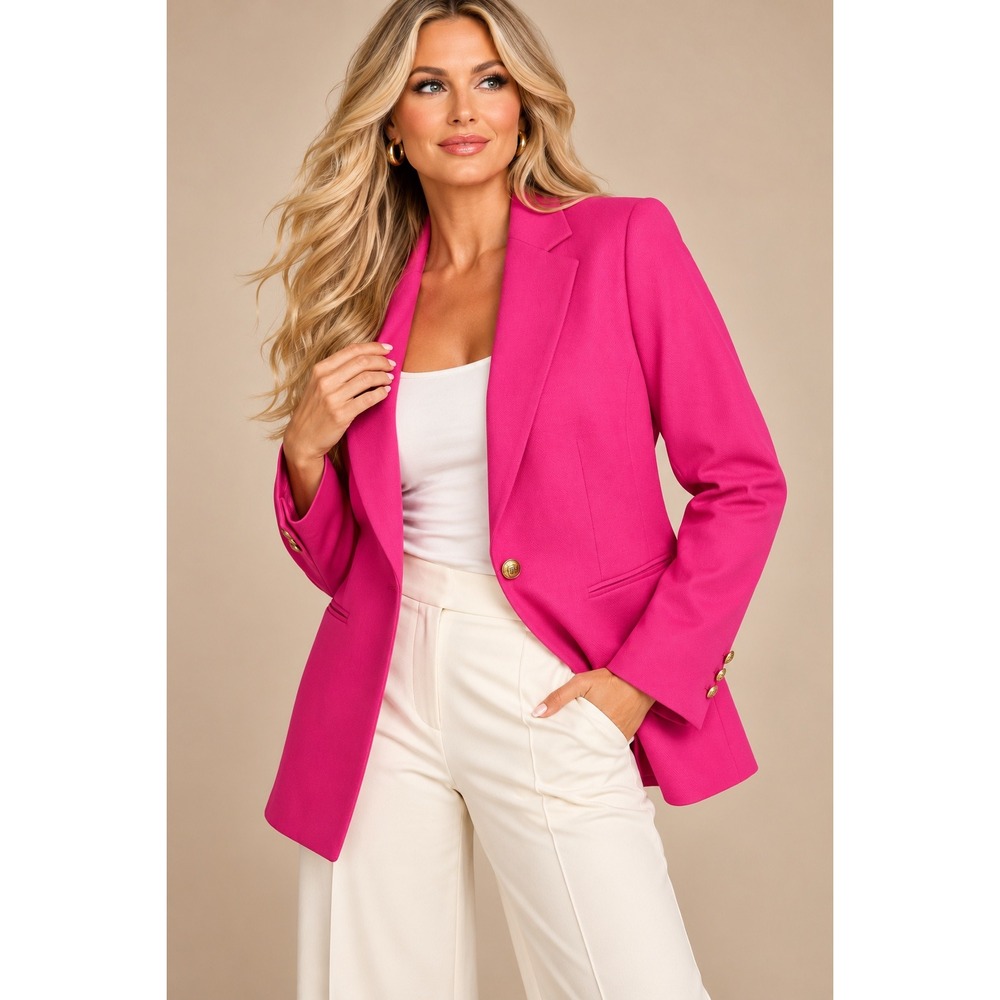 Talbots Plus 14W Hot Pink Fuchsia One Button Blazer Gold Crest Buttons Stretch